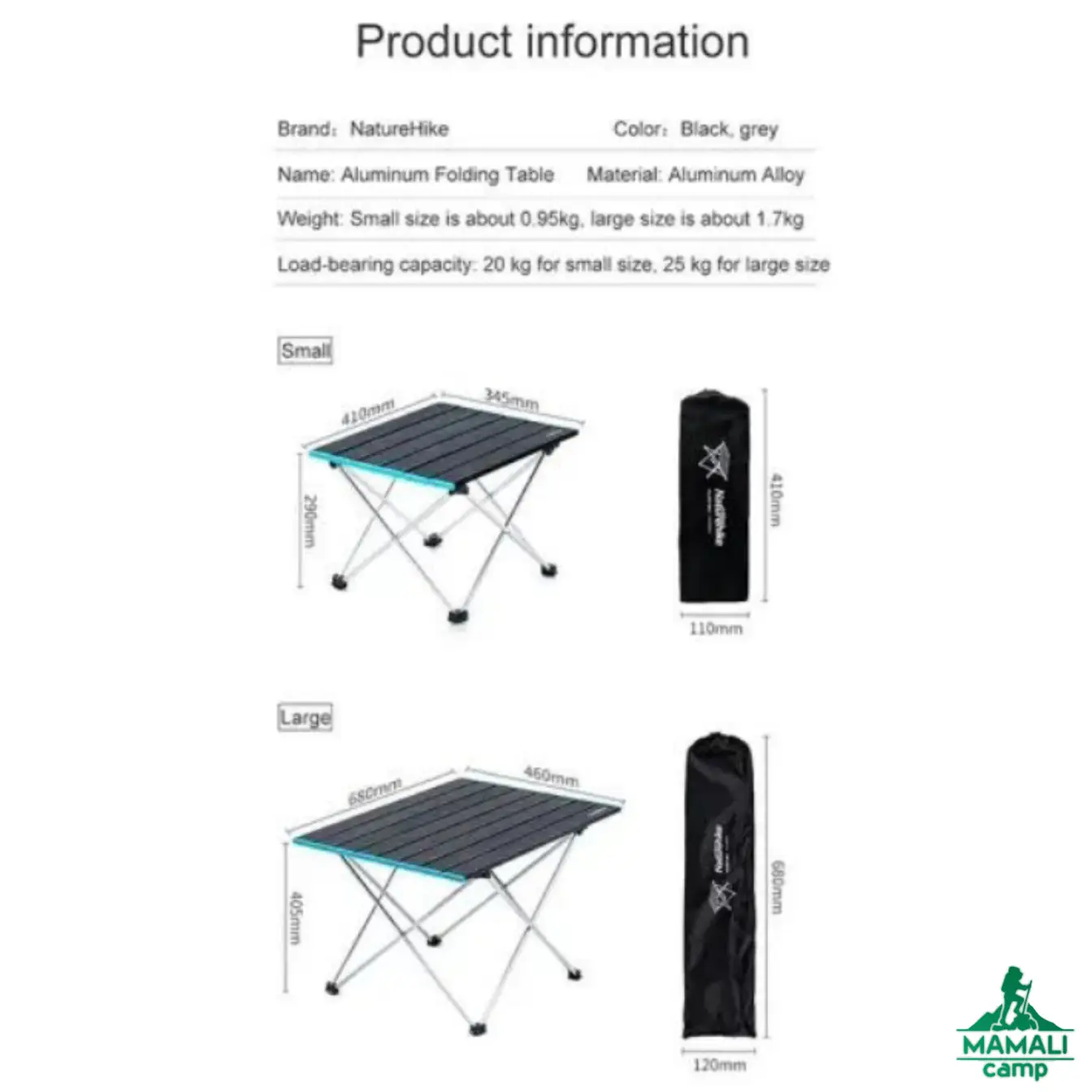 میز آلومینیومی تاشو نیچرهایک مدل NH19Z008-Z اورجینال